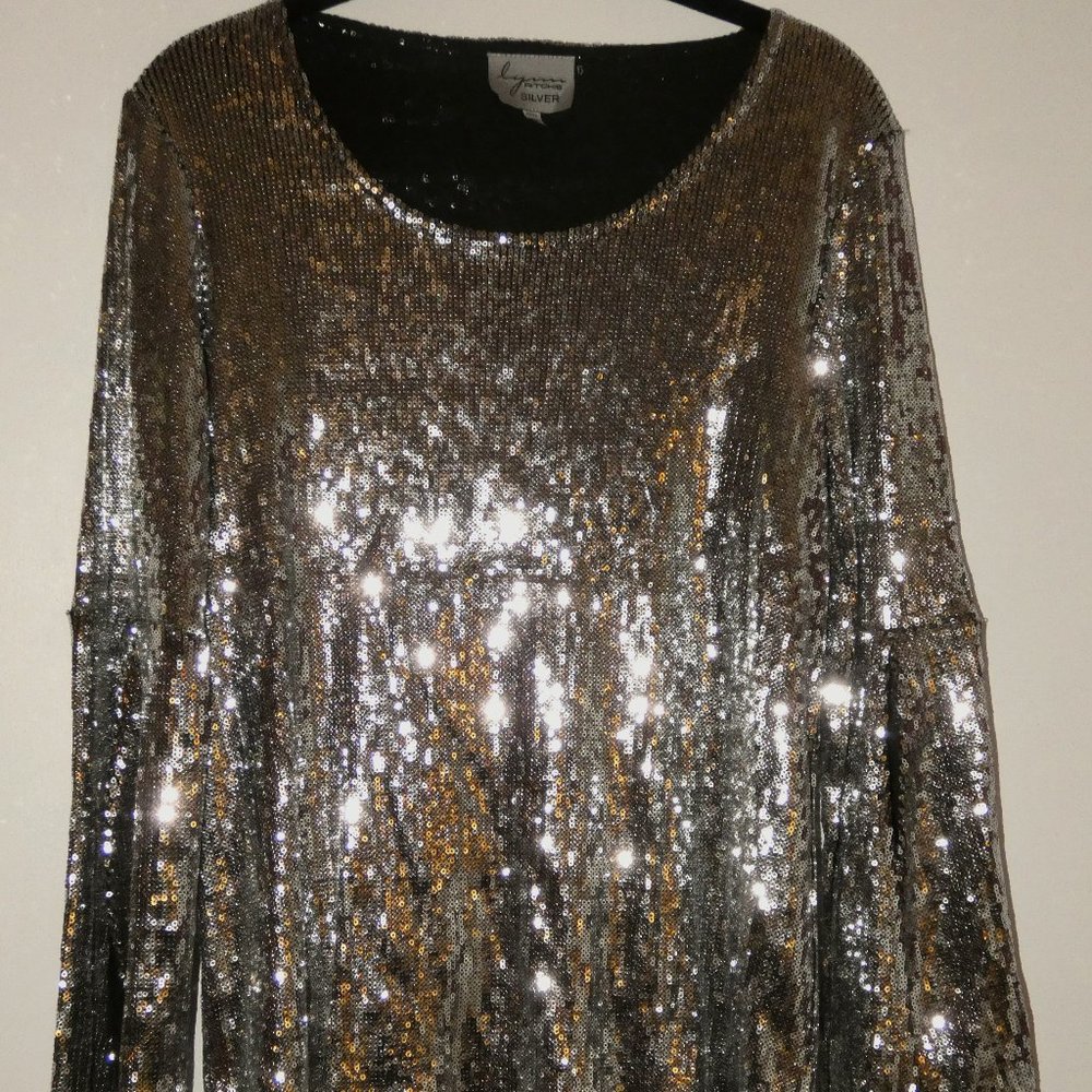NWT Lynn Ritchie Silver Women's Size S Long Slit Sleeve Top, New Years Eve Shirt